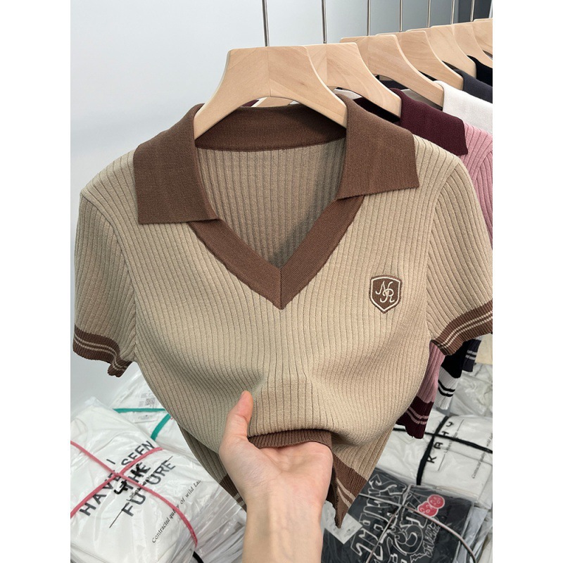 レディース ポロシャツ 配色リブニット襟付き半袖プルオーバートップス