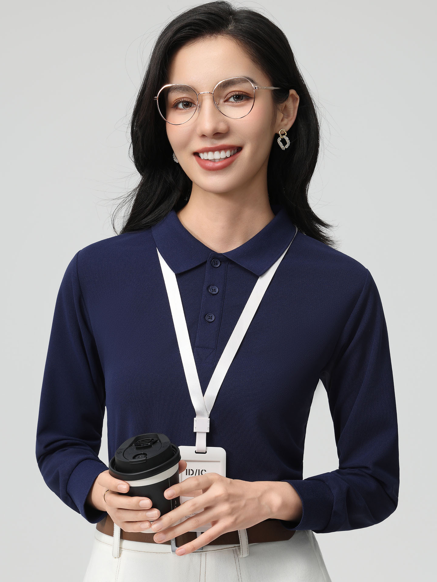 レディース ポロシャツ ベーシック鹿の子編みレディース長袖ポロシャツ