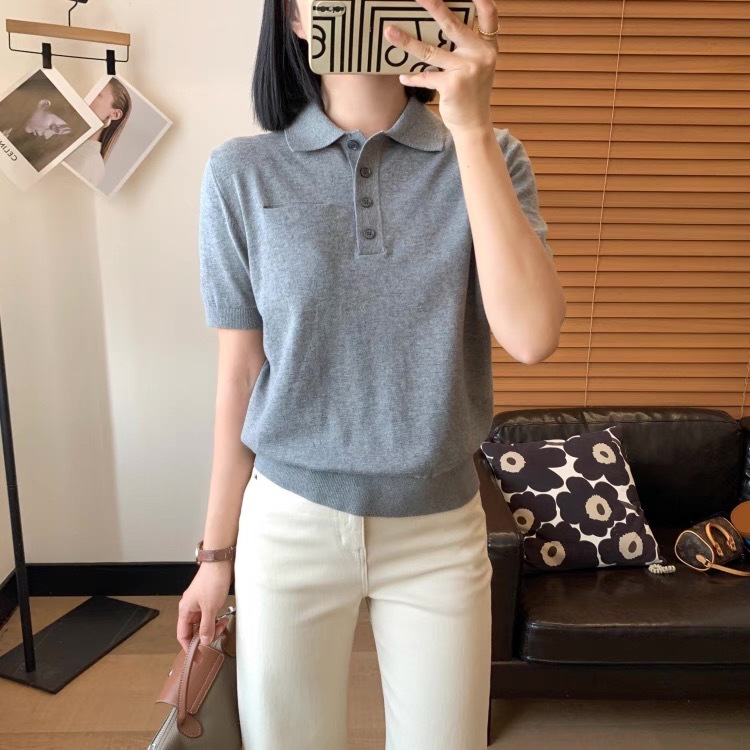 レディース ポロシャツ 上品ニット素材の襟付き半袖ポロシャツ