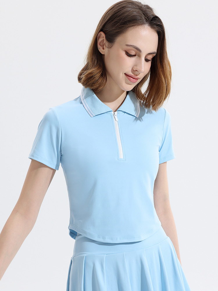 レディース ポロシャツ 襟配色ラインジップアップ半袖ポロシャツ
