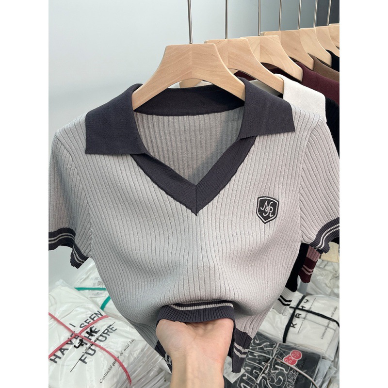 レディース ポロシャツ 配色リブニット襟付き半袖プルオーバートップス