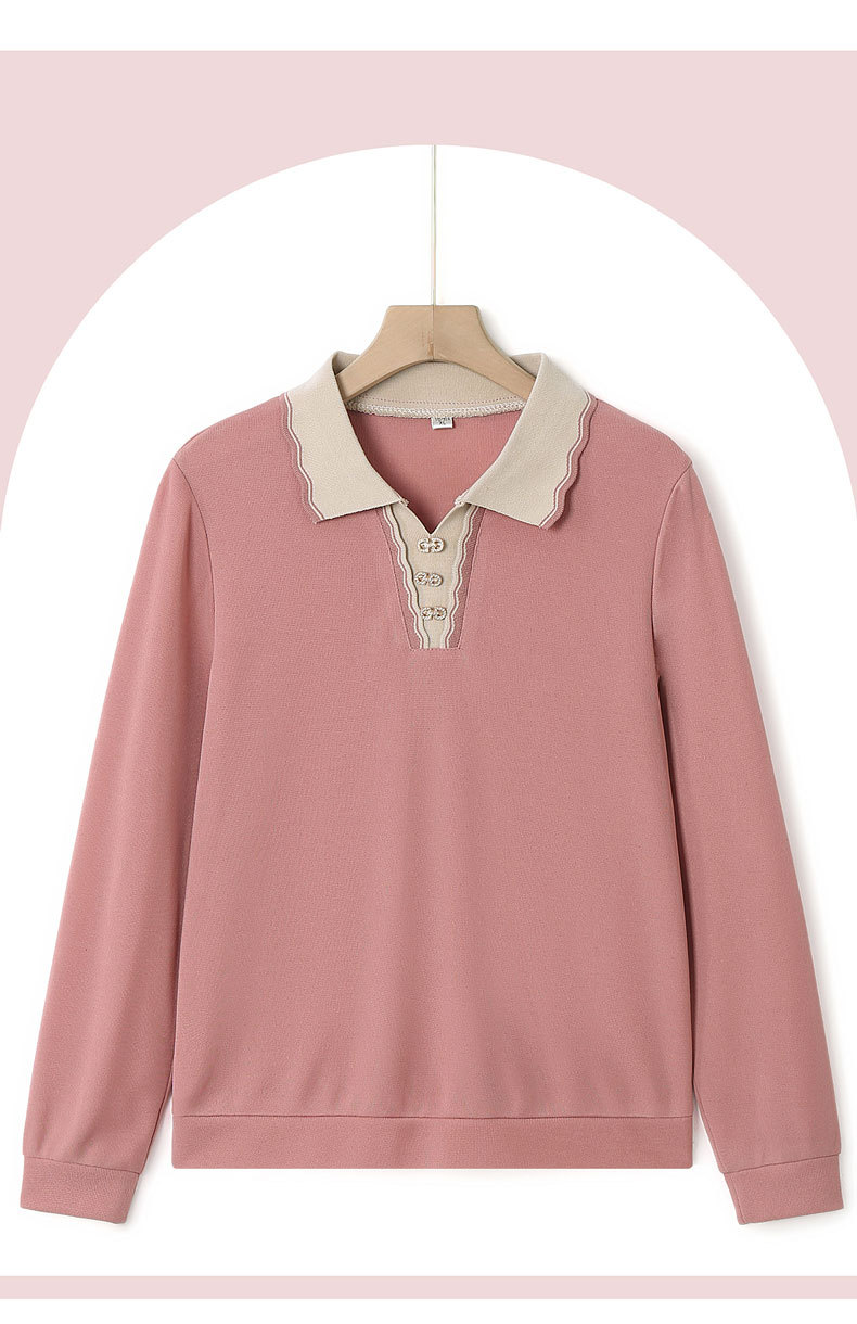 レディース ポロシャツ 配色襟デザイン長袖レディースポロシャツ