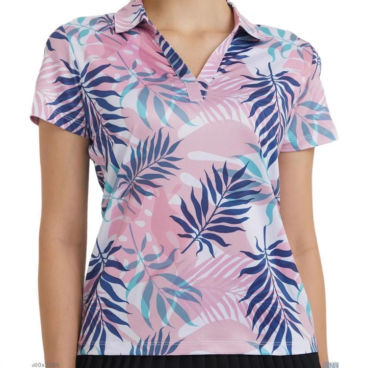 レディース ポロシャツ 南国リーフ柄トロピカルプリント半袖ポロシャツ