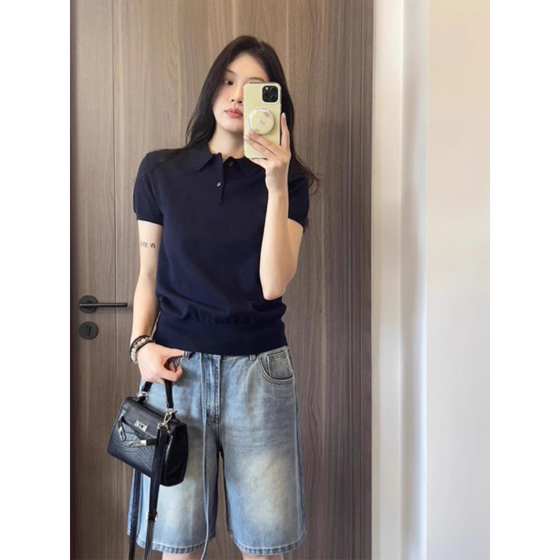 レディース ポロシャツ シンプルデザイン襟付き半袖ニットポロシャツ