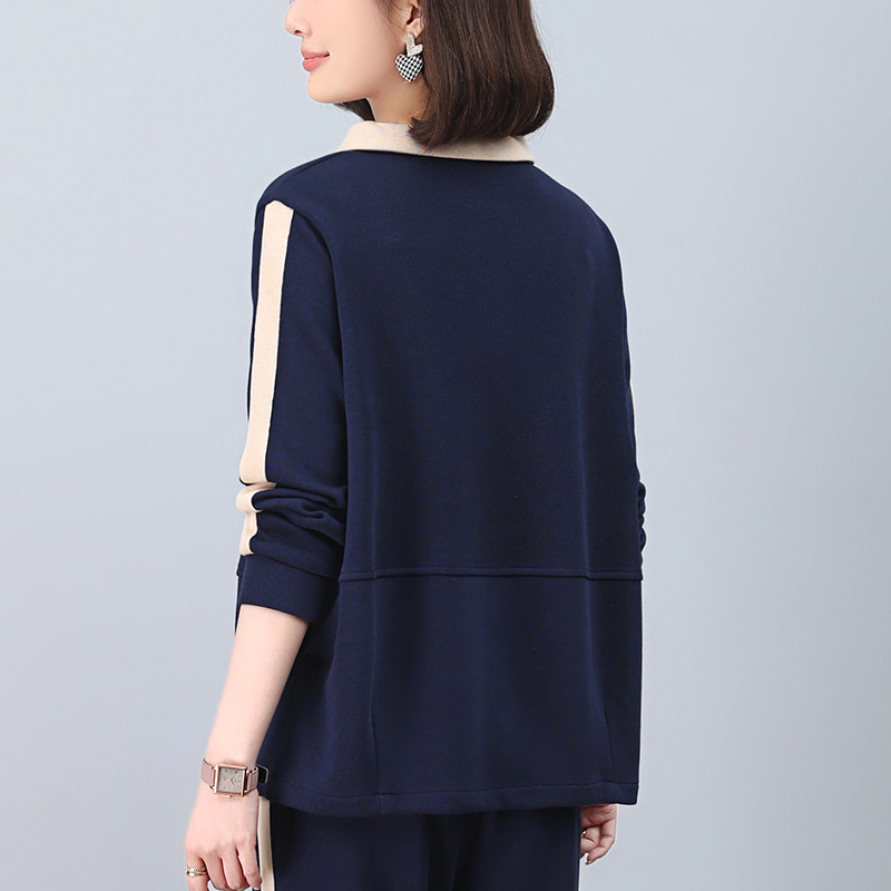 レディース ポロシャツ 配色ライン入りリボン付き襟デザイントップス