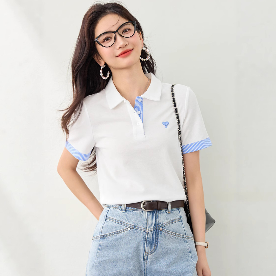 レディース ポロシャツ 配色ハート刺繍入りストライプ袖口半袖ポロシャツ