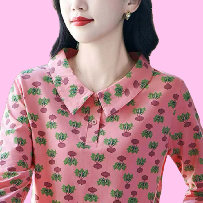 ポロシャツ レディース 野菜柄プリント 襟付き ポロシャツ