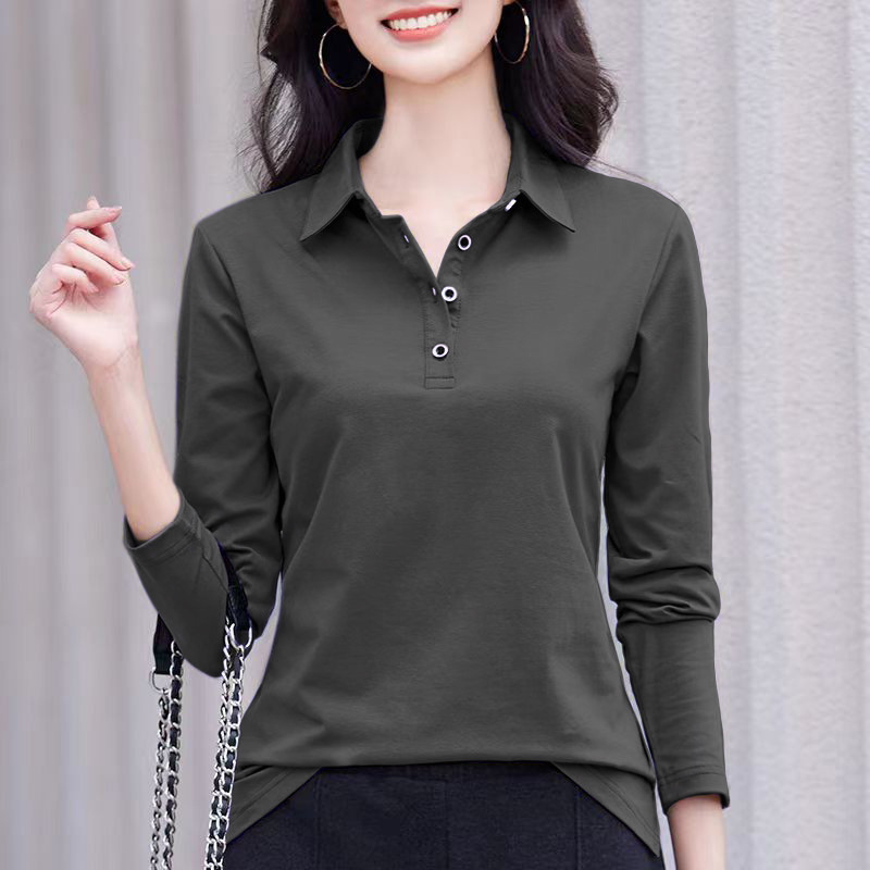 レディース ポロシャツ 上品な襟付きボタンデザイン長袖