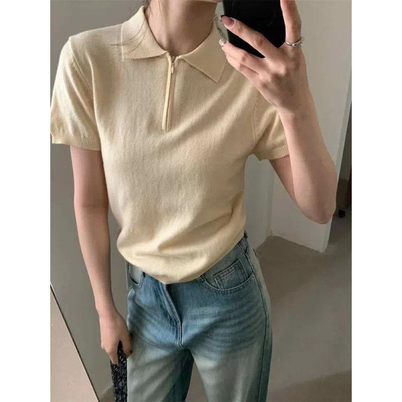 レディース ポロシャツ 襟付きニットポロシャツ半袖配色パイピングデザイン