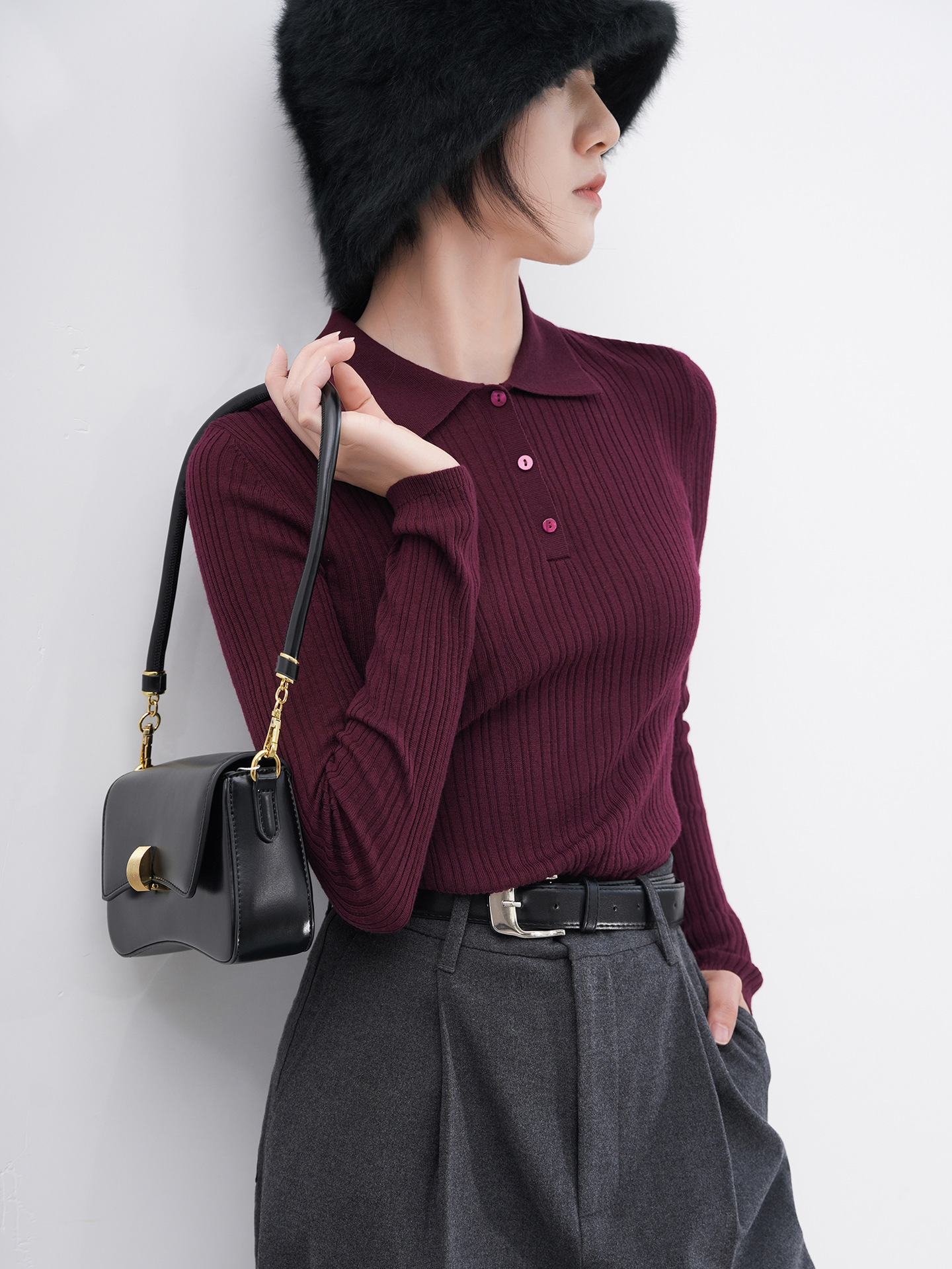 レディース ポロシャツ 縦リブ編み襟付き長袖ニットポロシャツ