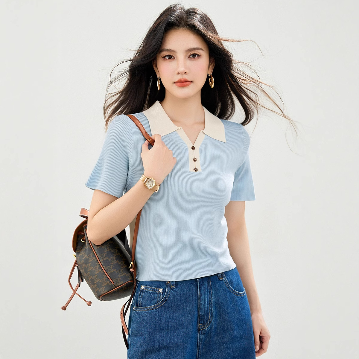 レディース ポロシャツ 配色襟リブニットポロシャツ