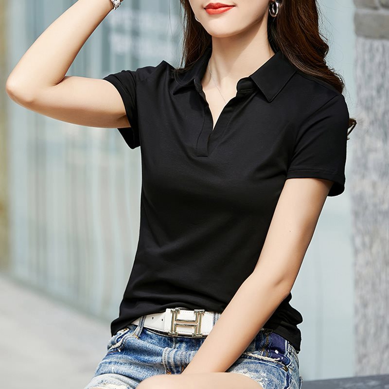 レディース ポロシャツ 上品な襟付きシンプル鹿の子半袖トップス