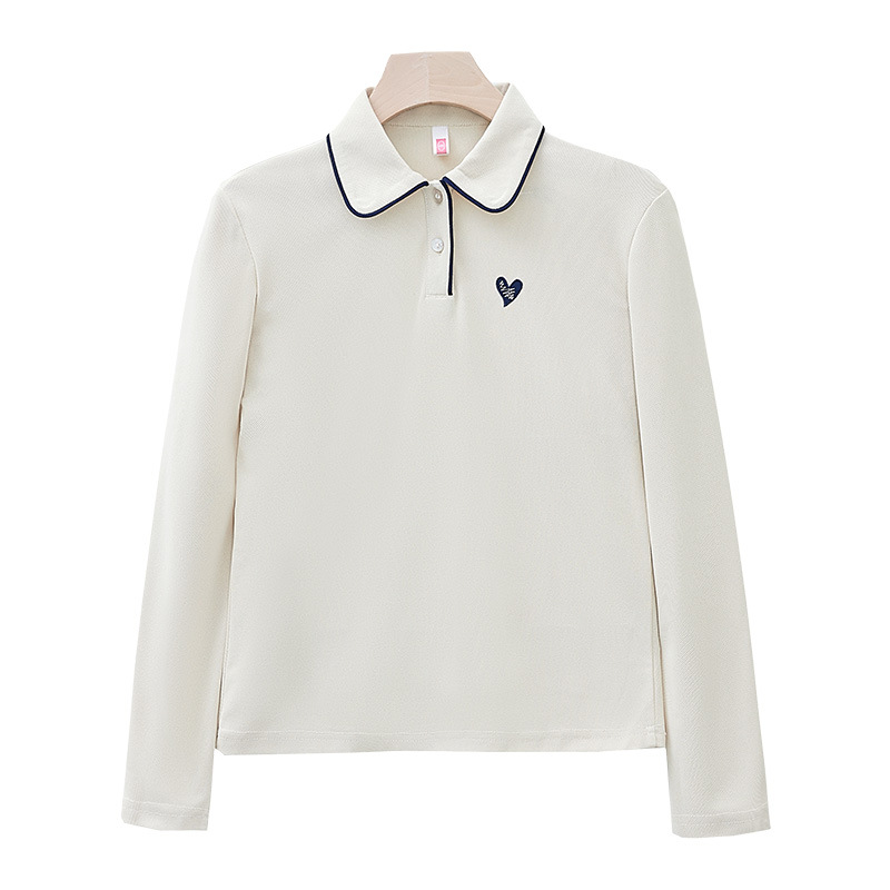 レディース ポロシャツ 襟配色パイピング刺繍ワンポイント長袖ポロシャツ