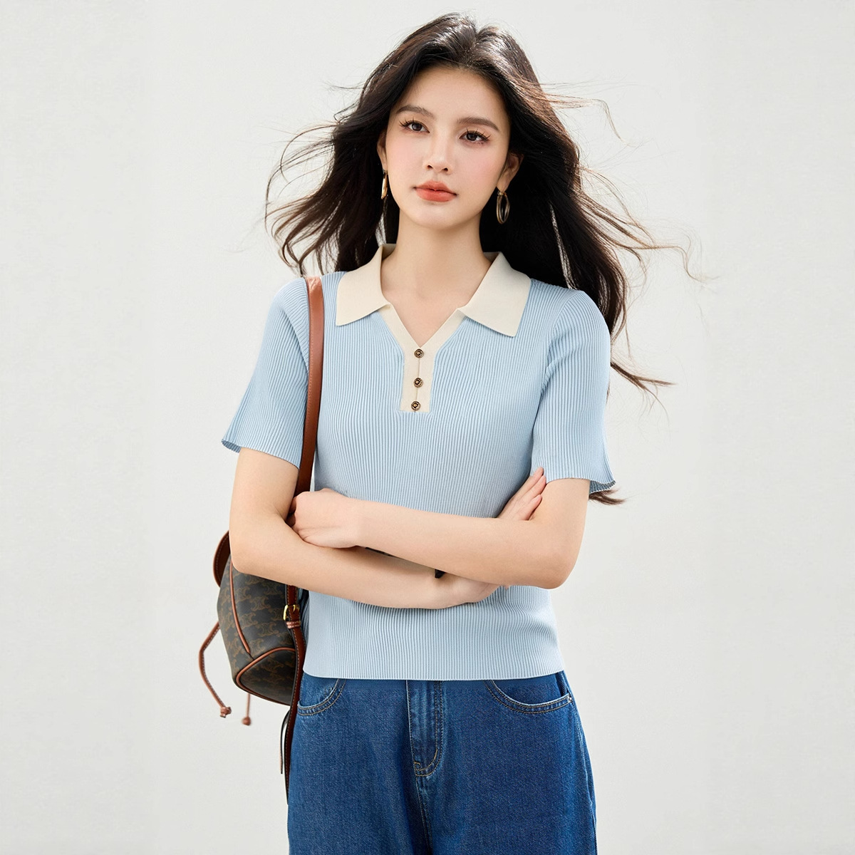 レディース ポロシャツ 配色襟リブニットポロシャツ