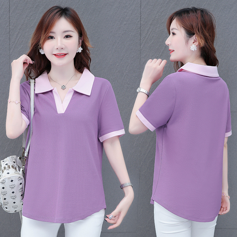 レディース ポロシャツ 配色襟がおしゃれなゆったりレディース半袖ポロシャツ