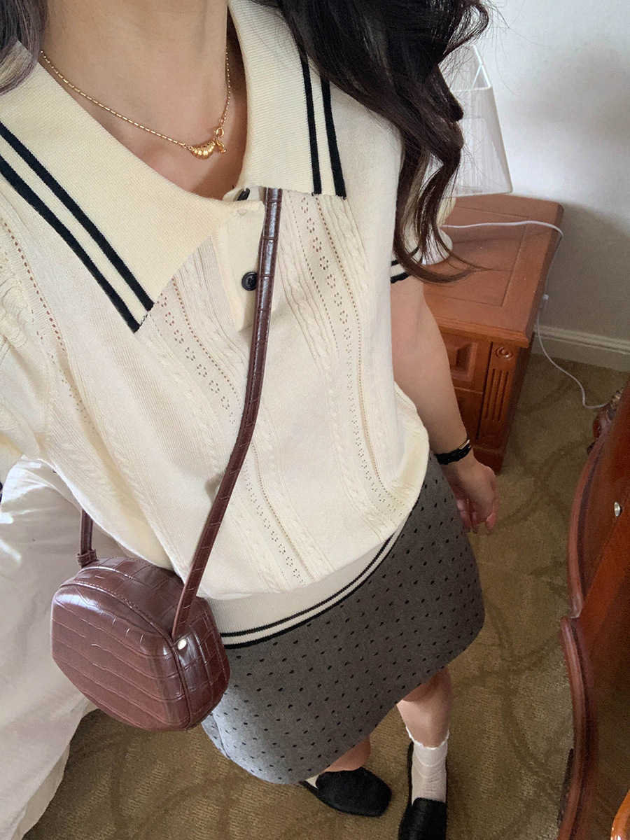 レディース ポロシャツ 配色ライン入りケーブル編みニットポロシャツ