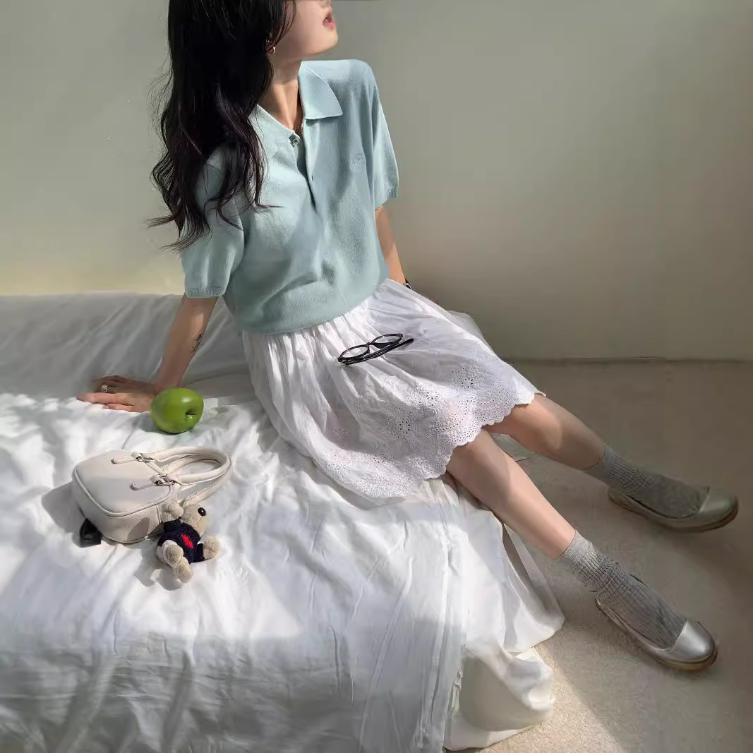 レディース ポロシャツ 上品なニット素材の襟付き半袖ポロシャツ