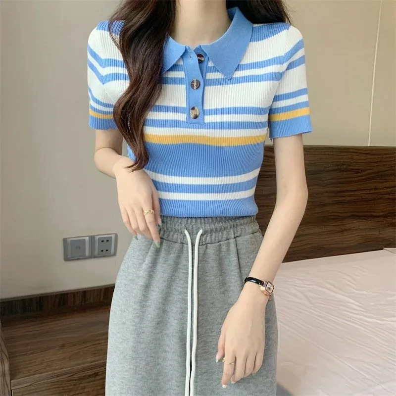 レディース ポロシャツ 横縞模様の半袖ニット襟付きトップス