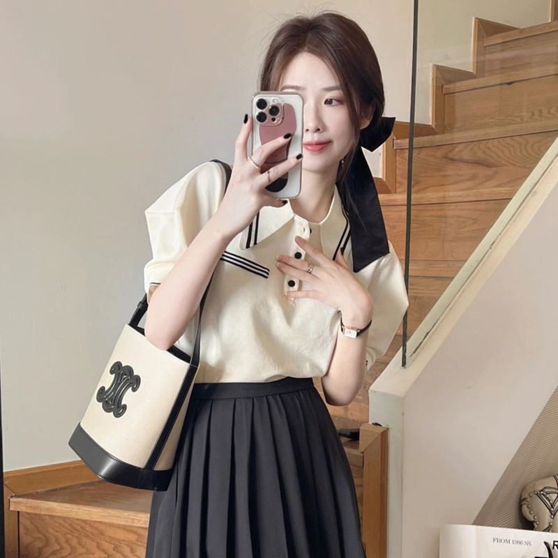 レディース ポロシャツ 襟ライン配色セーラー風半袖ポロシャツ