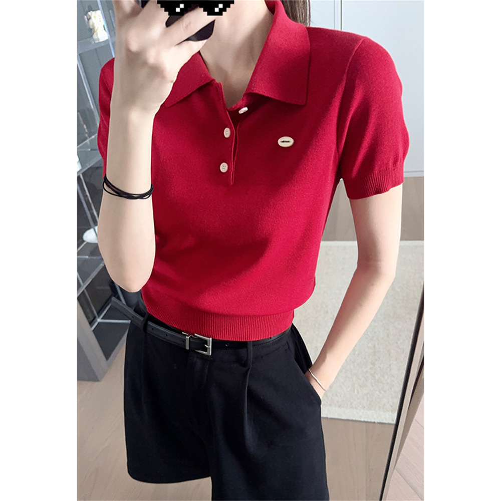 レディース ポロシャツ 上品なニット素材の襟付き半袖トップス