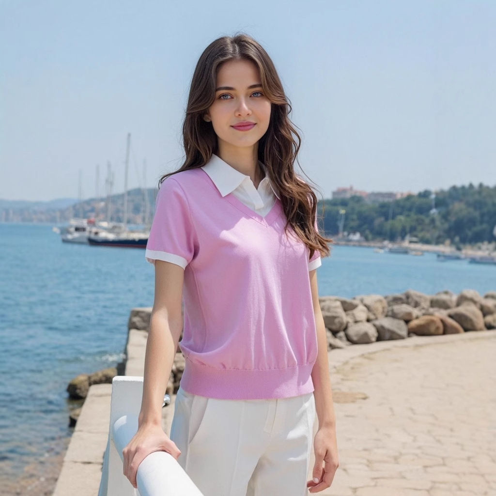 レディース ポロシャツ 襟付き配色デザイン半袖ニットポロシャツ