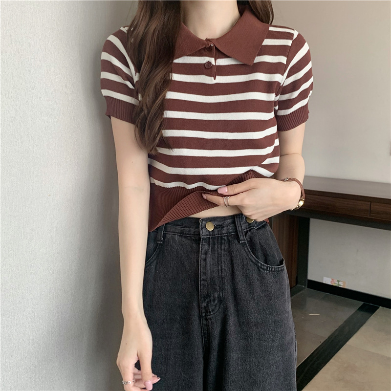 レディース ポロシャツ ボーダー柄ニットポロシャツ裾リブデザイントップス