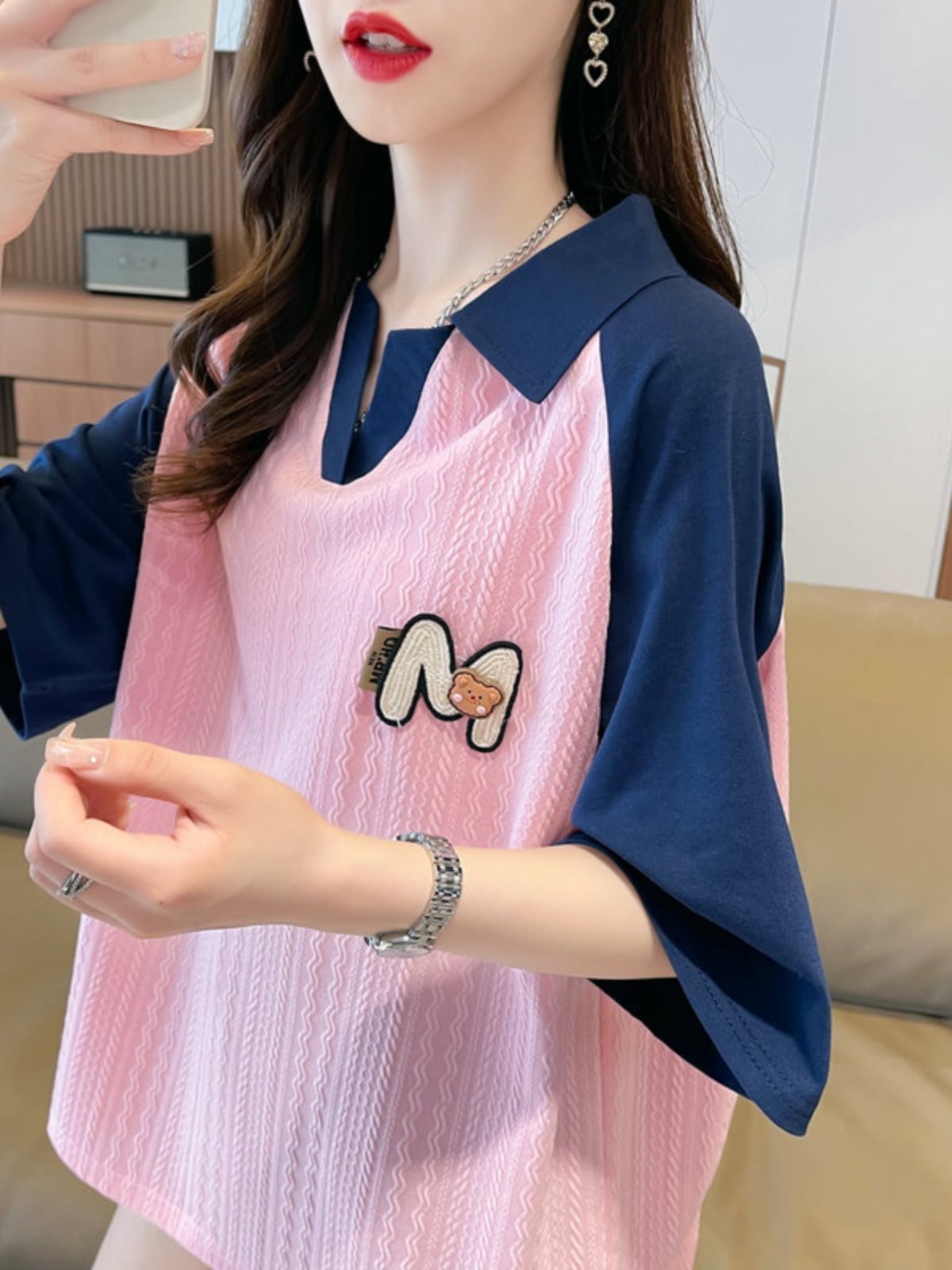 レディース ポロシャツ くまワッペン付き配色切替襟元デザイン半袖トップス