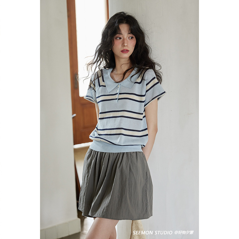 レディース ポロシャツ ニット素材ボーダー柄襟付き半袖トップス