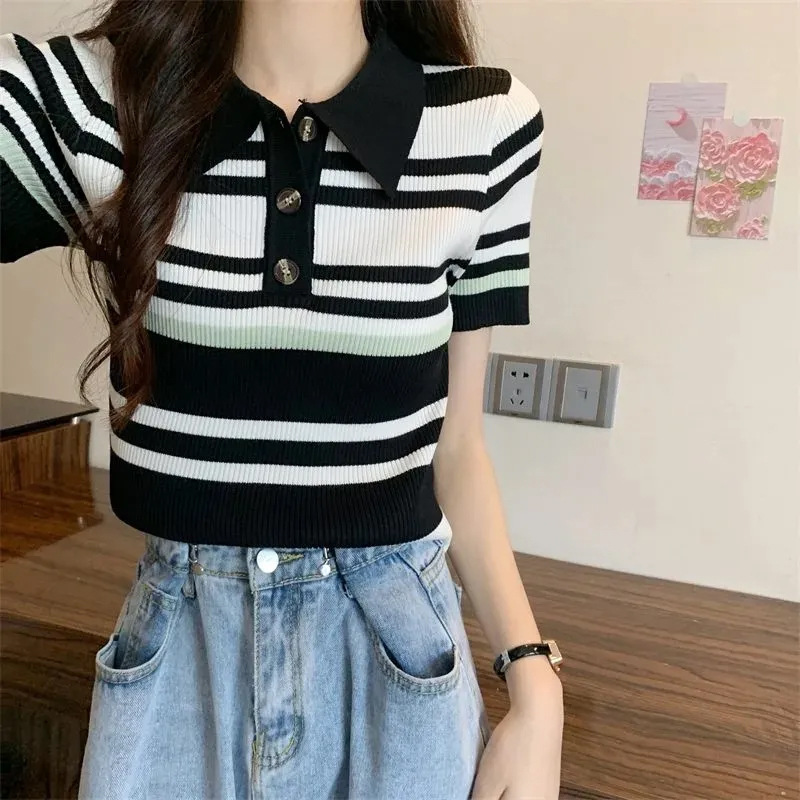 レディース ポロシャツ 横縞模様の半袖ニット襟付きトップス