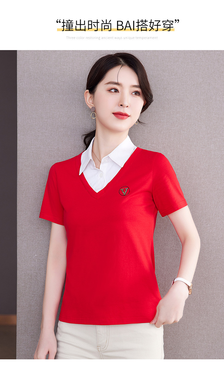 レディース ポロシャツ 襟付き重ね着風レイヤードデザイン半袖トップス