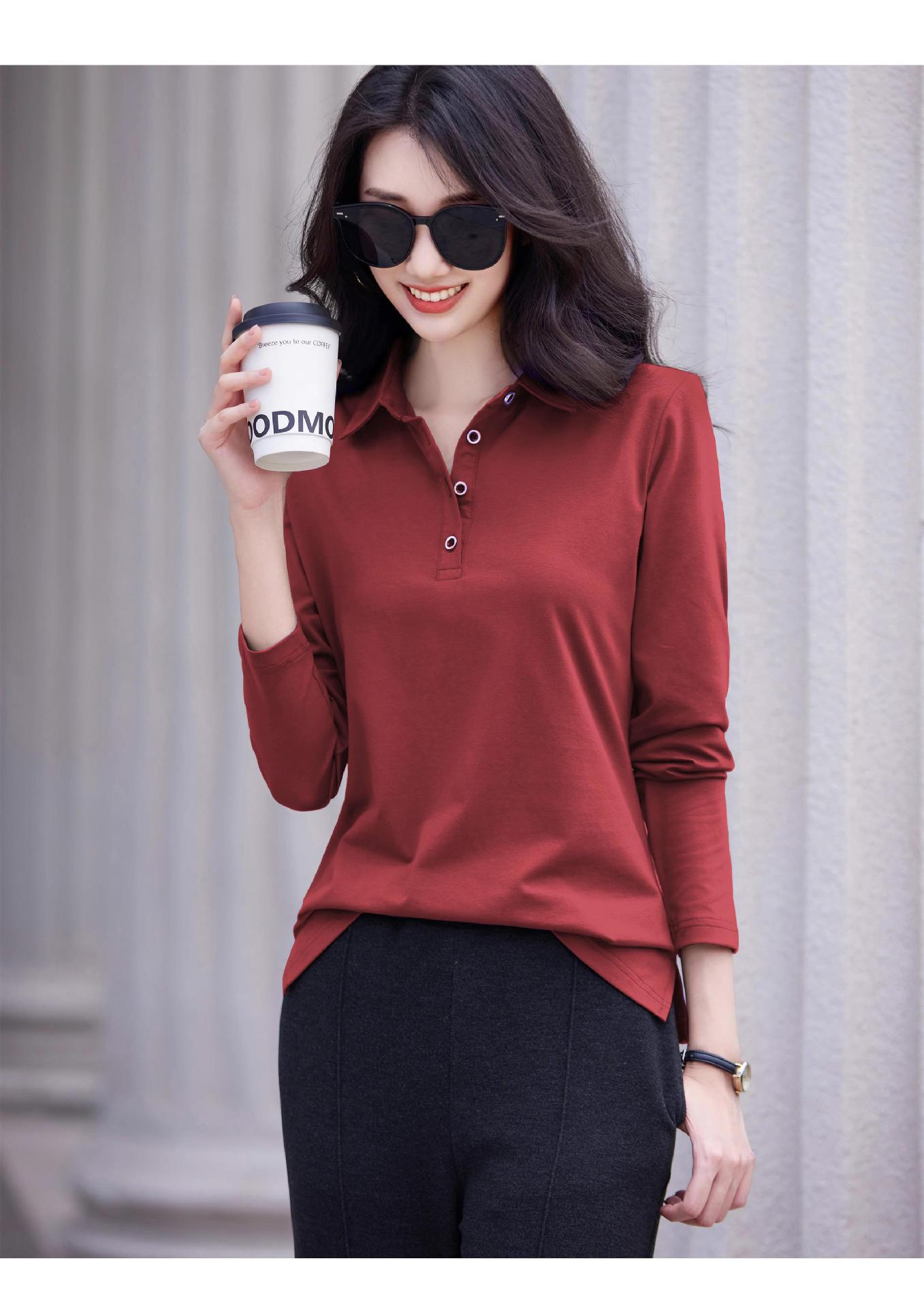 レディース ポロシャツ 上品な襟付きボタンデザイン長袖