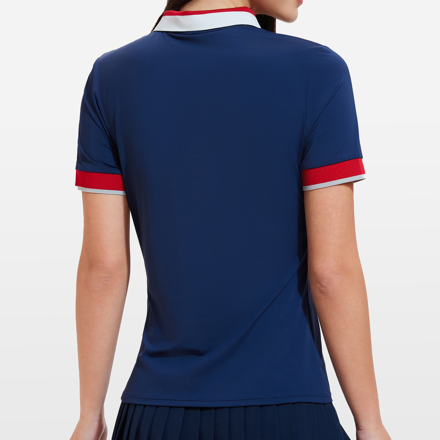 レディース ポロシャツ 配色デザイン襟元ジップアップ半袖ポロシャツ