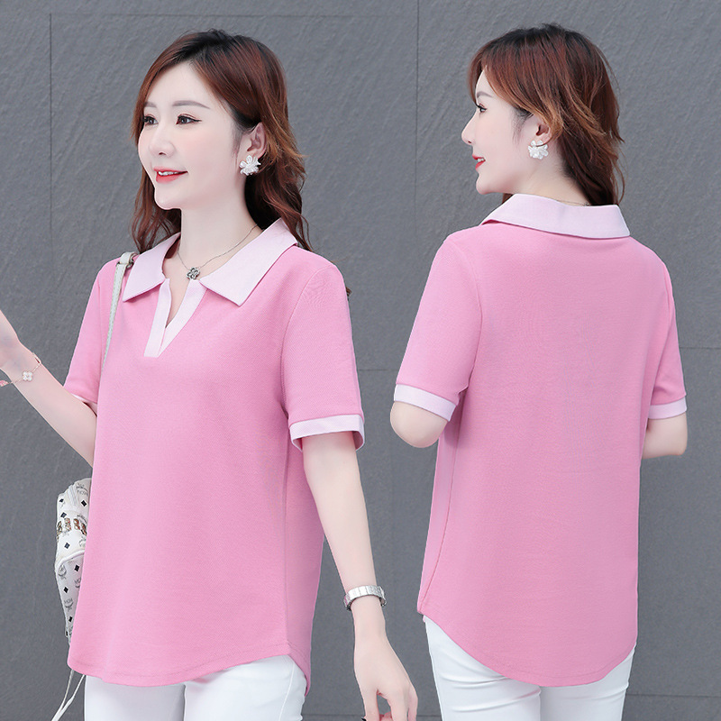 レディース ポロシャツ 配色襟がおしゃれなゆったりレディース半袖ポロシャツ
