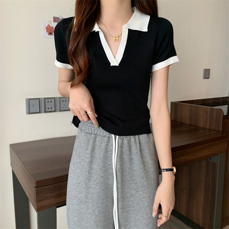 レディース ポロシャツ 配色デザイン襟付きニットポロシャツ半袖