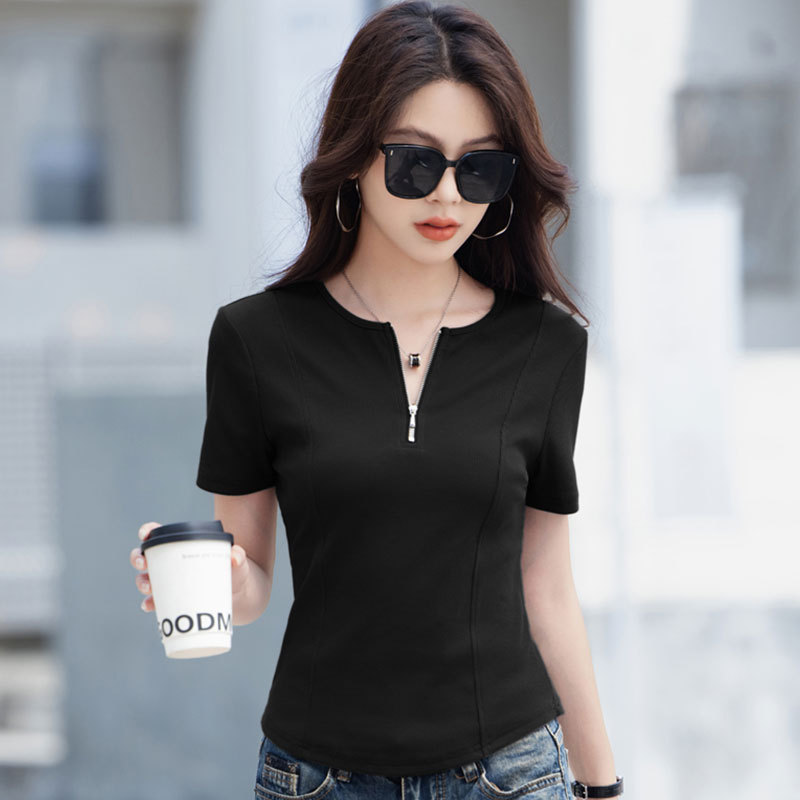 レディース ポロシャツ ジップアップ襟付き半袖