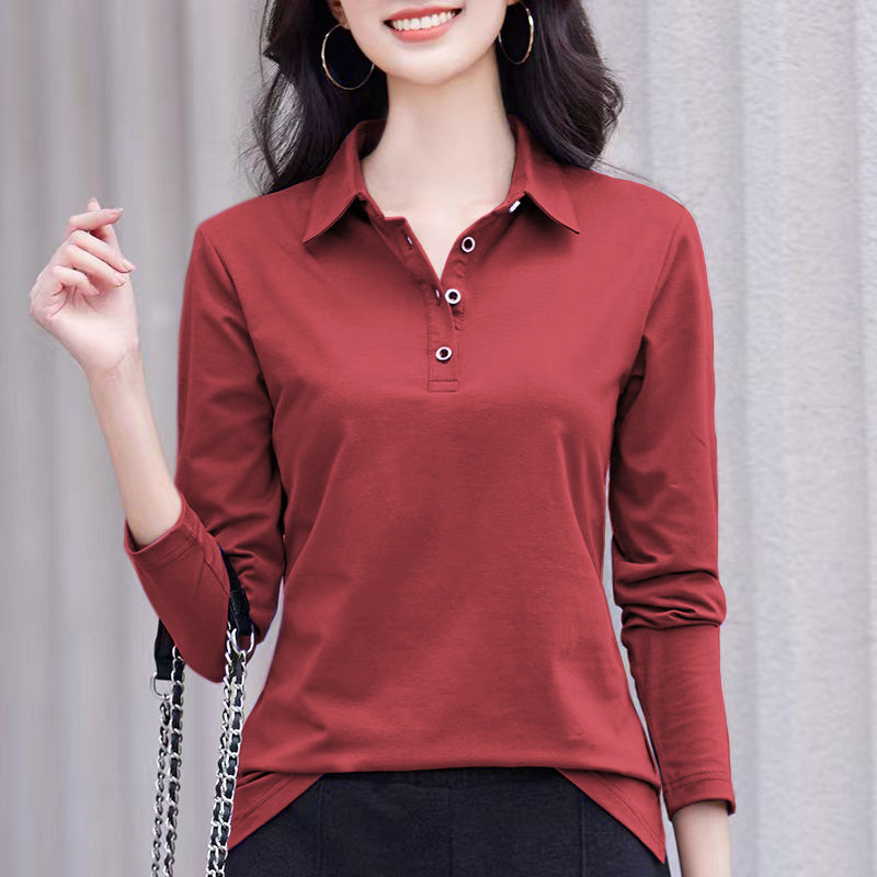 レディース ポロシャツ 上品な襟付きボタンデザイン長袖