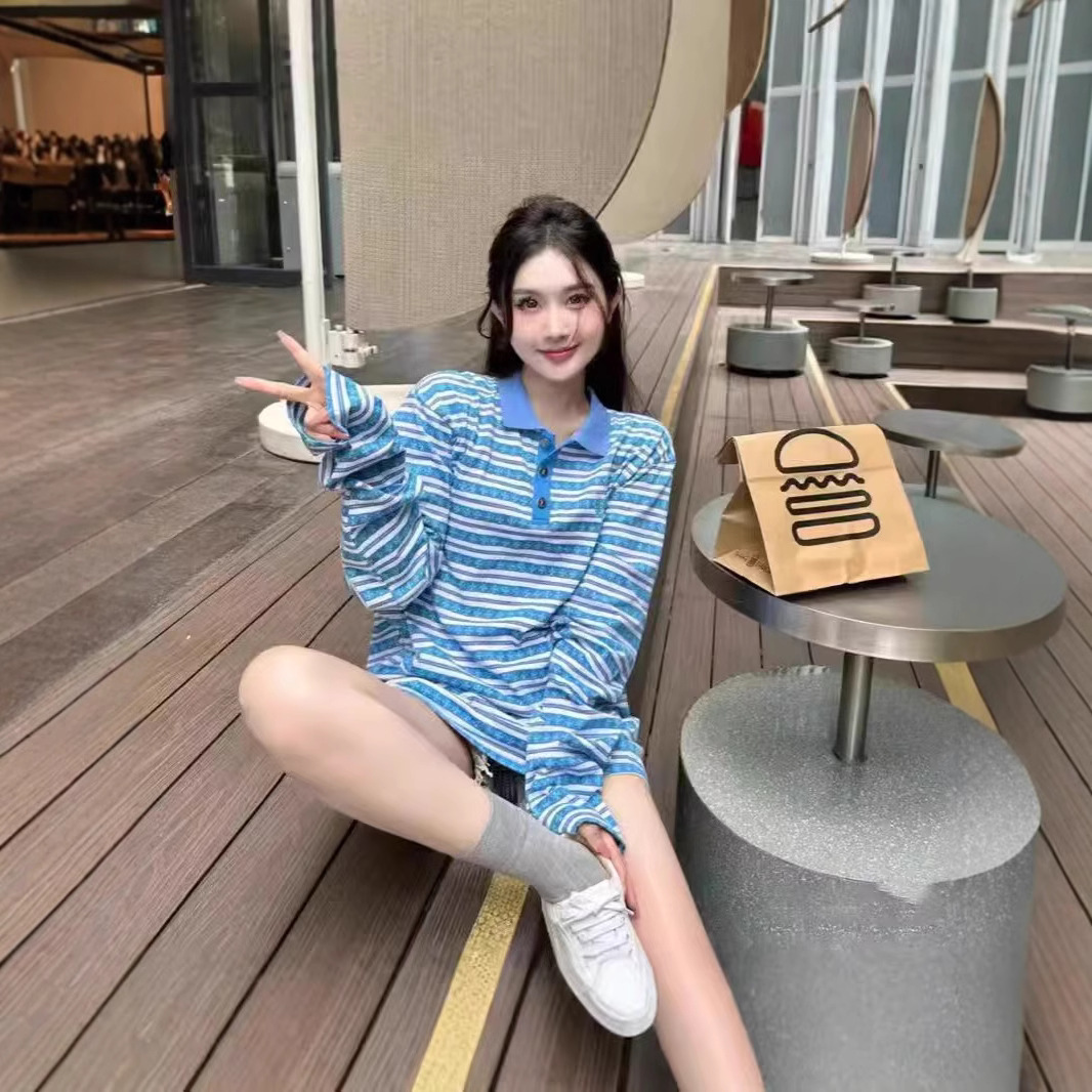 レディース ポロシャツ マルチボーダー柄長袖ポロシャツ