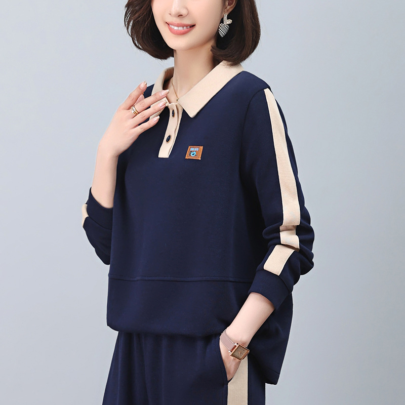 レディース ポロシャツ 配色ライン入りリボン付き襟デザイントップス