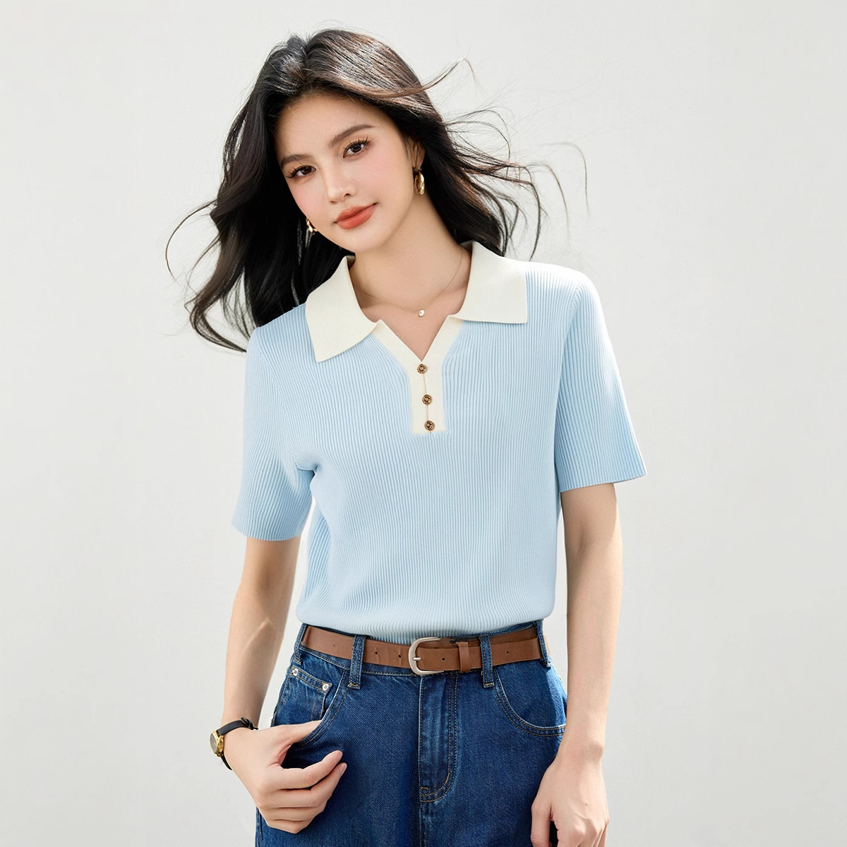 レディース ポロシャツ 配色襟リブニットポロシャツ