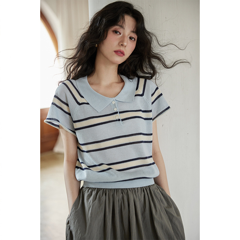 レディース ポロシャツ ニット素材ボーダー柄襟付き半袖トップス
