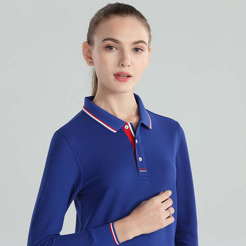 レディース ポロシャツ 配色ラインデザイン襟元きれいめレディース長袖ポロシャツ