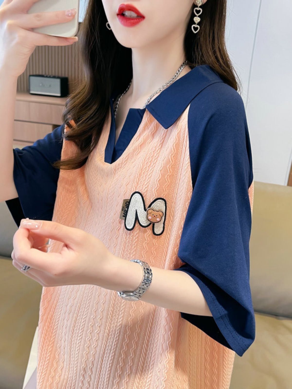 レディース ポロシャツ くまワッペン付き配色切替襟元デザイン半袖トップス