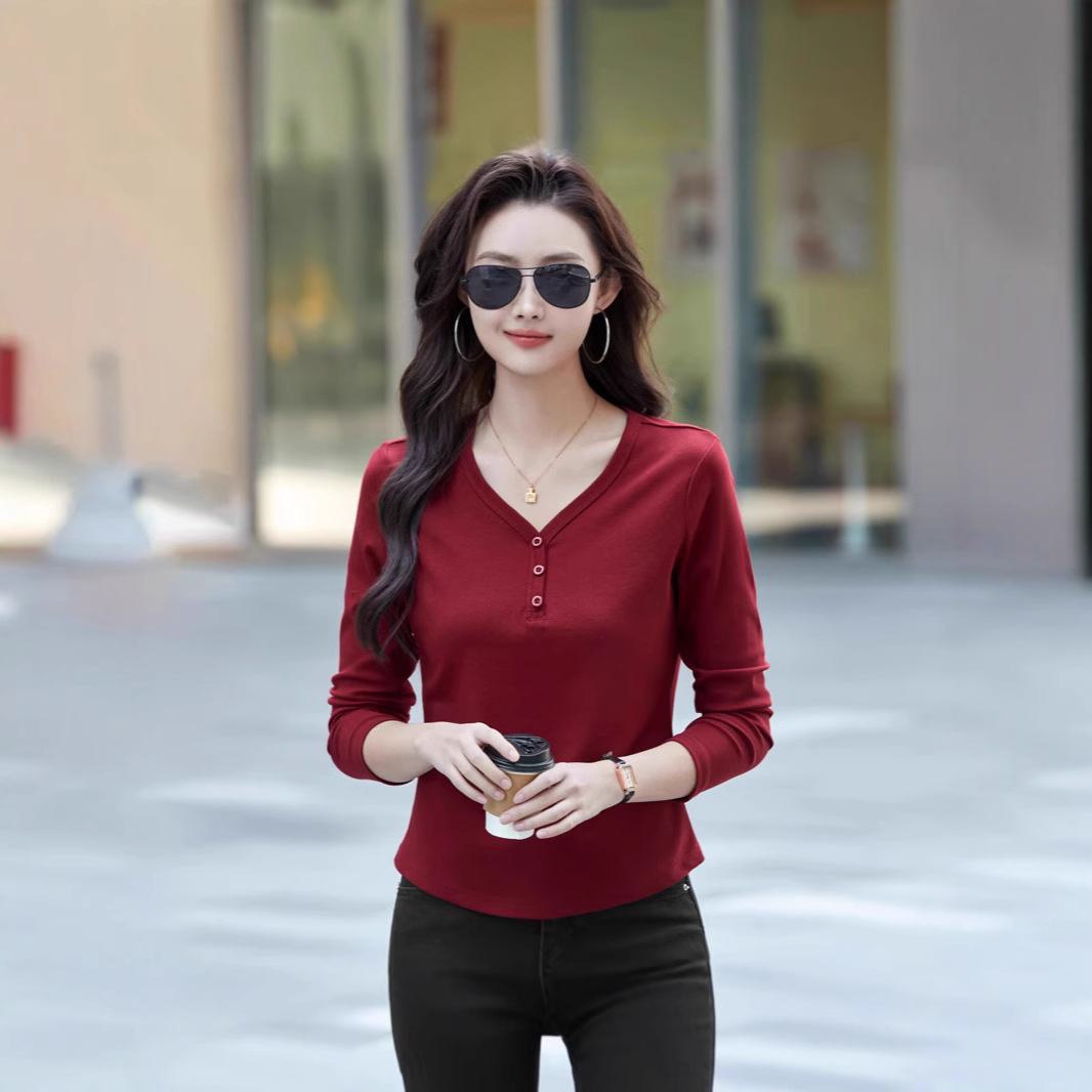 レディース ポロシャツ 大人女性のためのシンプルボタン付き長袖トップス