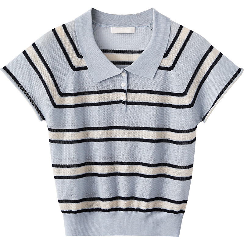 レディース ポロシャツ ニット素材ボーダー柄襟付き半袖トップス