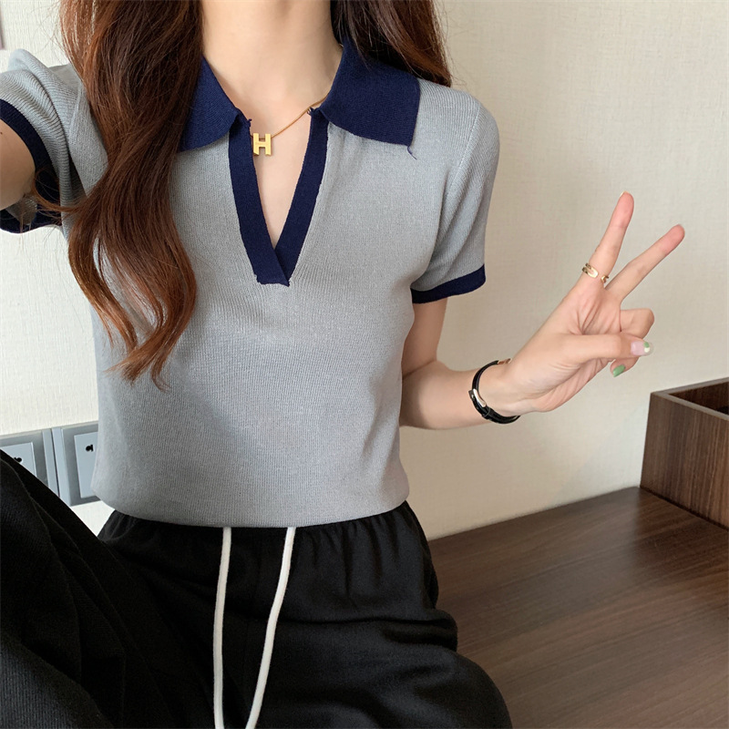レディース ポロシャツ 配色デザイン襟付きニットポロシャツ半袖