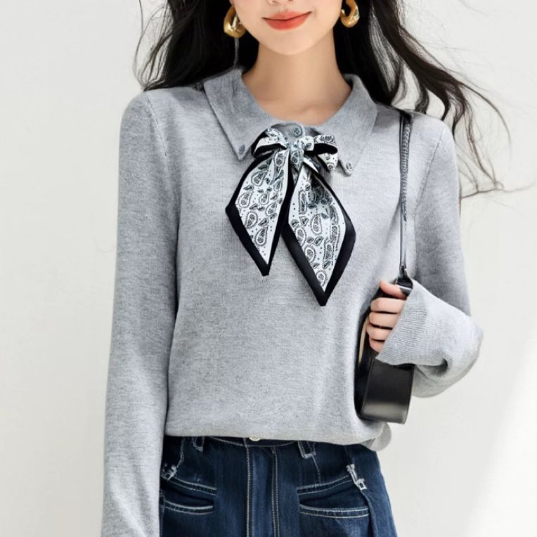 レディース ポロシャツ スカーフリボン付き襟元華やかニットポロシャツ