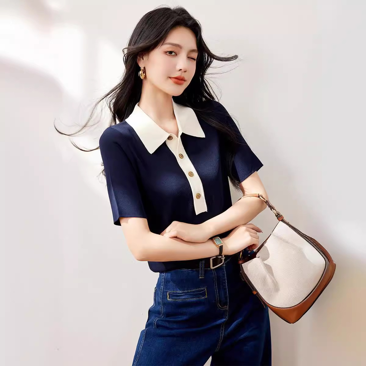 レディース ポロシャツ 配色襟デザイン半袖ポロシャツ