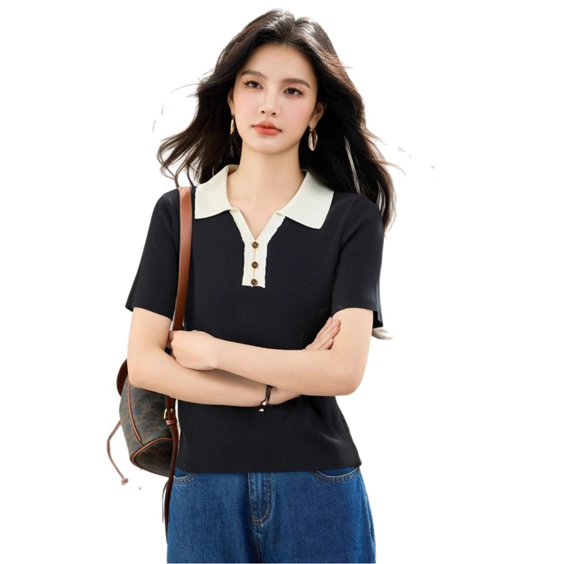 レディース ポロシャツ 配色襟リブニットポロシャツ