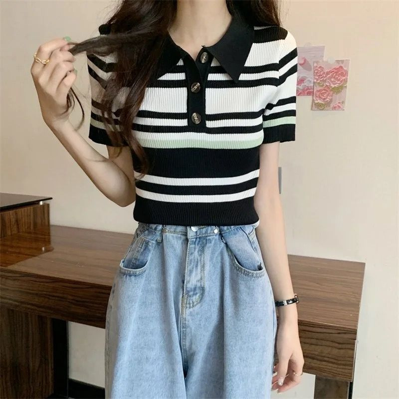 レディース ポロシャツ 横縞模様の半袖ニット襟付きトップス