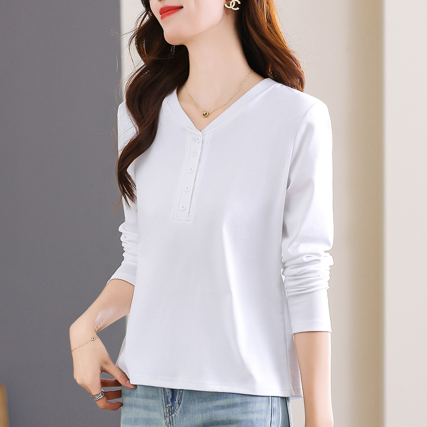 レディース ポロシャツ ブイネック飾りボタン付き長袖トップス